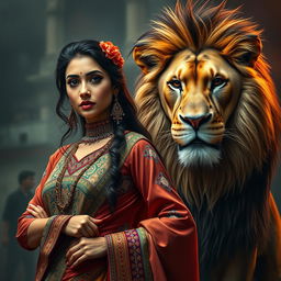 A captivating portrait of a fierce mafia boss girl dressed in traditional Pakistani attire, showcasing intricate embroidery and vibrant colors