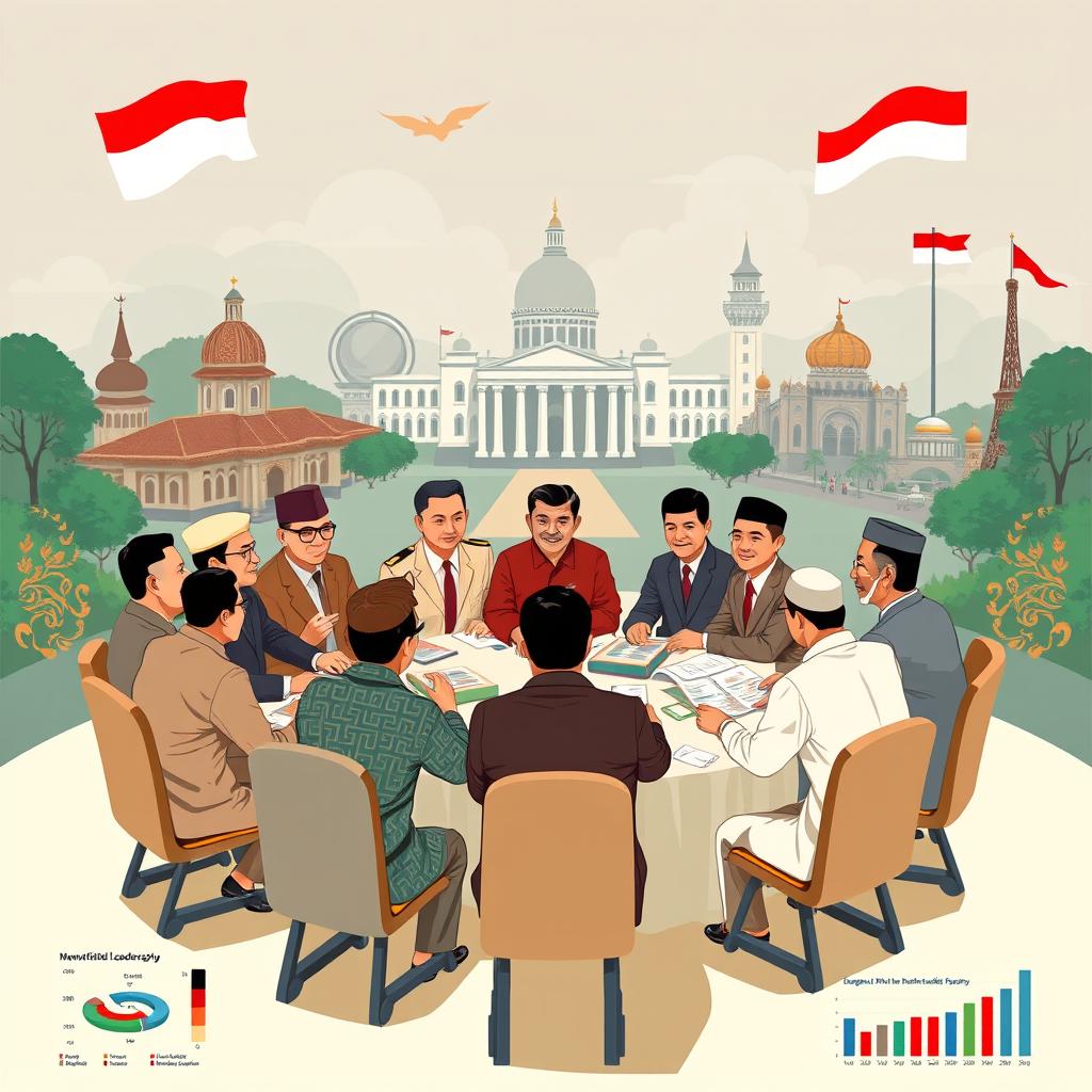 An informative and visually striking illustration depicting various political leadership models in Indonesia