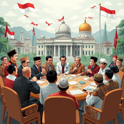 An informative and visually striking illustration depicting various political leadership models in Indonesia