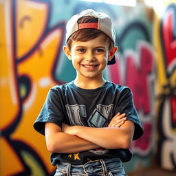 A confident young boy with a mischievous smile, wearing a stylish baseball cap turned backwards, graphic t-shirt, and baggy jeans