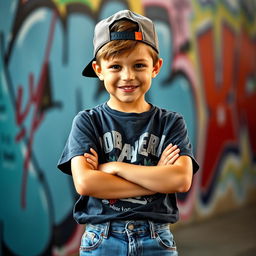 A confident young boy with a mischievous smile, wearing a stylish baseball cap turned backwards, graphic t-shirt, and baggy jeans