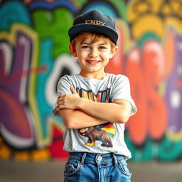A confident young boy with a mischievous smile, wearing a stylish baseball cap turned backwards, graphic t-shirt, and baggy jeans