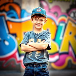 A confident young boy with a mischievous smile, wearing a stylish baseball cap turned backwards, graphic t-shirt, and baggy jeans