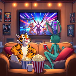 A vibrant, lively scene depicting the characters Tiger and Bunny sitting together on a cozy couch in a home theater, eagerly watching a movie