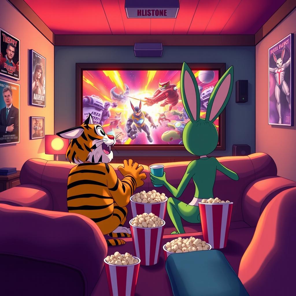 A vibrant, lively scene depicting the characters Tiger and Bunny sitting together on a cozy couch in a home theater, eagerly watching a movie
