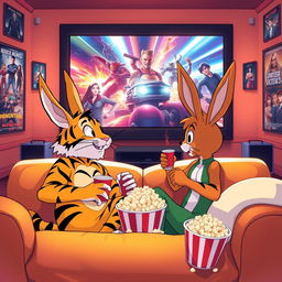 A vibrant, lively scene depicting the characters Tiger and Bunny sitting together on a cozy couch in a home theater, eagerly watching a movie