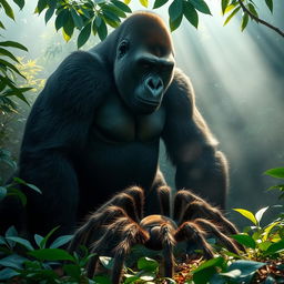 In a dense, misty jungle, a mighty gorilla stands tall and strong, staring intently at a massive tarantula that sits at its feet