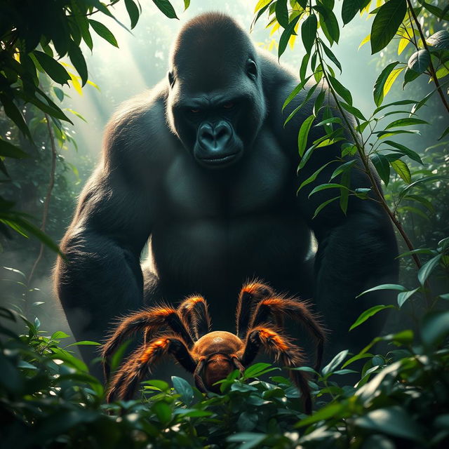 In a dense, misty jungle, a mighty gorilla stands tall and strong, staring intently at a massive tarantula that sits at its feet