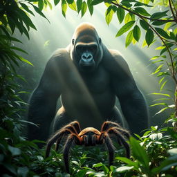 In a dense, misty jungle, a mighty gorilla stands tall and strong, staring intently at a massive tarantula that sits at its feet