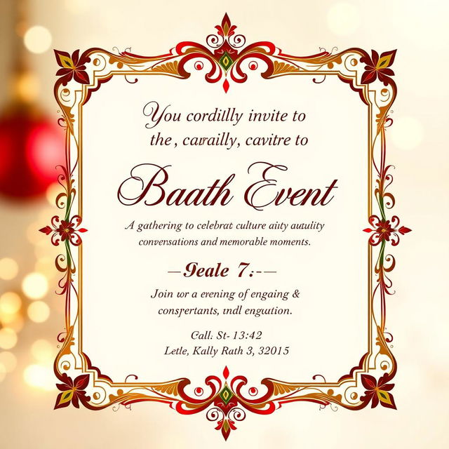 A beautifully designed invitation card for a Baath Event, featuring elegant calligraphy and an ornate border