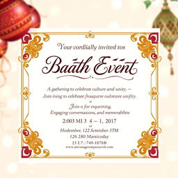 A beautifully designed invitation card for a Baath Event, featuring elegant calligraphy and an ornate border