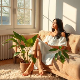 A serene indoor setting featuring a beautiful girl casually relaxing on a plush sofa