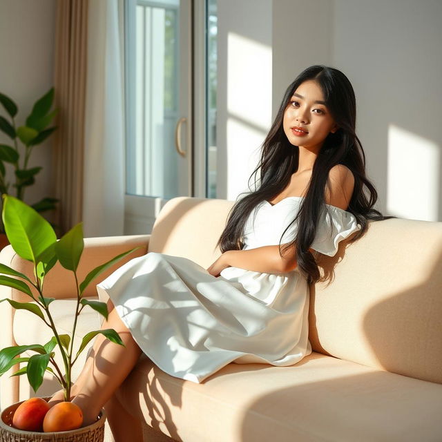 A serene indoor setting featuring a beautiful girl casually relaxing on a plush sofa