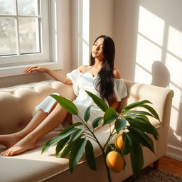 A serene indoor setting featuring a beautiful girl casually relaxing on a plush sofa