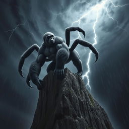 A muscular spider-like gorilla with eight powerful limbs, scaling a towering cliff amidst a dramatic stormy sky