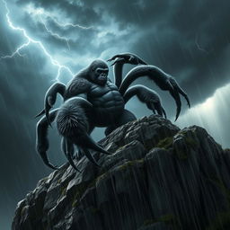 A muscular spider-like gorilla with eight powerful limbs, scaling a towering cliff amidst a dramatic stormy sky