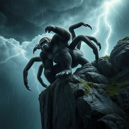 A muscular spider-like gorilla with eight powerful limbs, scaling a towering cliff amidst a dramatic stormy sky