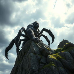 A full-sized muscular spider-like gorilla with eight powerful limbs, climbing a towering cliff during the day under a stormy sky
