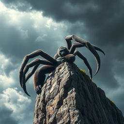 A full-sized muscular spider-like gorilla with eight powerful limbs, climbing a towering cliff during the day under a stormy sky
