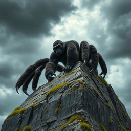A full-sized muscular spider-like gorilla with eight powerful limbs, climbing a towering cliff during the day under a stormy sky