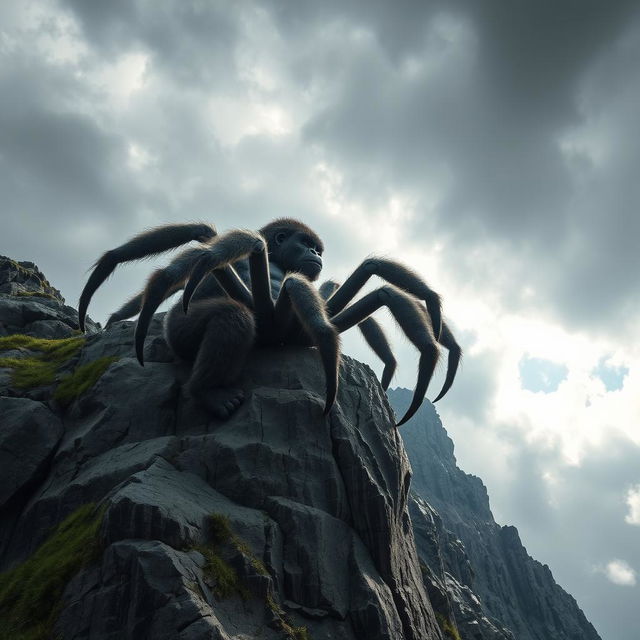 A full-sized muscular spider-like gorilla with eight powerful limbs, climbing a towering cliff during the day under a stormy sky