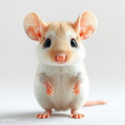 A hyper-realistic depiction of a small mouse standing upright, showcasing lifelike textures of soft fur in natural white and beige tones