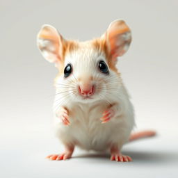A hyper-realistic depiction of a small mouse standing upright, showcasing lifelike textures of soft fur in natural white and beige tones