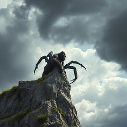 A full-sized, muscular spider-like gorilla with eight powerful limbs, climbing a towering cliff during a bright day under a stormy sky