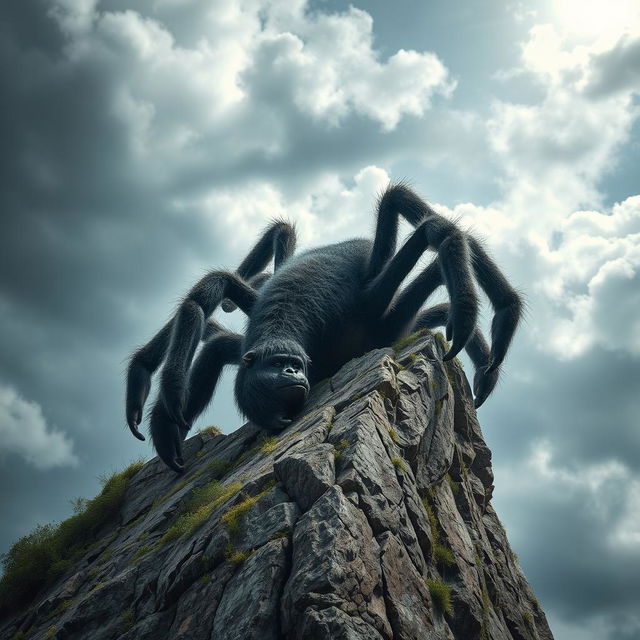 A full-sized, muscular spider-like gorilla with eight powerful limbs, climbing a towering cliff during a bright day under a stormy sky