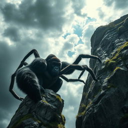 A full-sized, muscular spider-like gorilla with eight powerful limbs, climbing a towering cliff during a bright day under a stormy sky