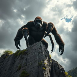 A full-sized, muscular spider-like gorilla with eight powerful limbs, climbing a towering cliff during a bright day under a stormy sky