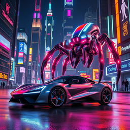 A sleek, futuristic sports car parked near a giant robotic spider in a vibrant neon-lit city