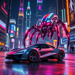 A sleek, futuristic sports car parked near a giant robotic spider in a vibrant neon-lit city