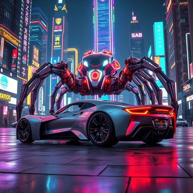 A sleek, futuristic sports car parked near a giant robotic spider in a vibrant neon-lit city