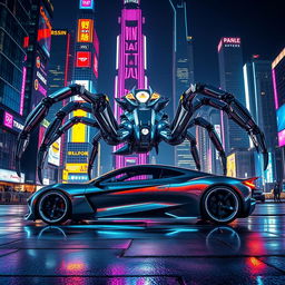 A sleek, futuristic sports car parked near a giant robotic spider in a vibrant neon-lit city