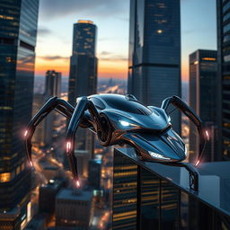 A sleek and futuristic car equipped with spider-like legs, glowing headlights, and the ability to effortlessly climb skyscrapers