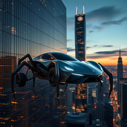 A sleek and futuristic car equipped with spider-like legs, glowing headlights, and the ability to effortlessly climb skyscrapers