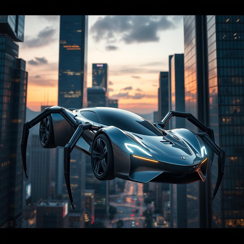 A sleek and futuristic car equipped with spider-like legs, glowing headlights, and the ability to effortlessly climb skyscrapers