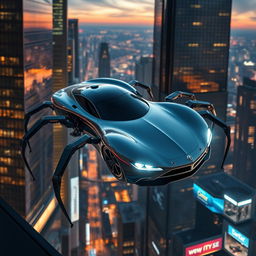 A sleek and futuristic car equipped with spider-like legs, glowing headlights, and the ability to effortlessly climb skyscrapers