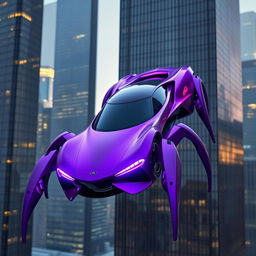 A sleek and modern car featuring spider-like legs, painted in vibrant purple hues, with glowing purple headlights