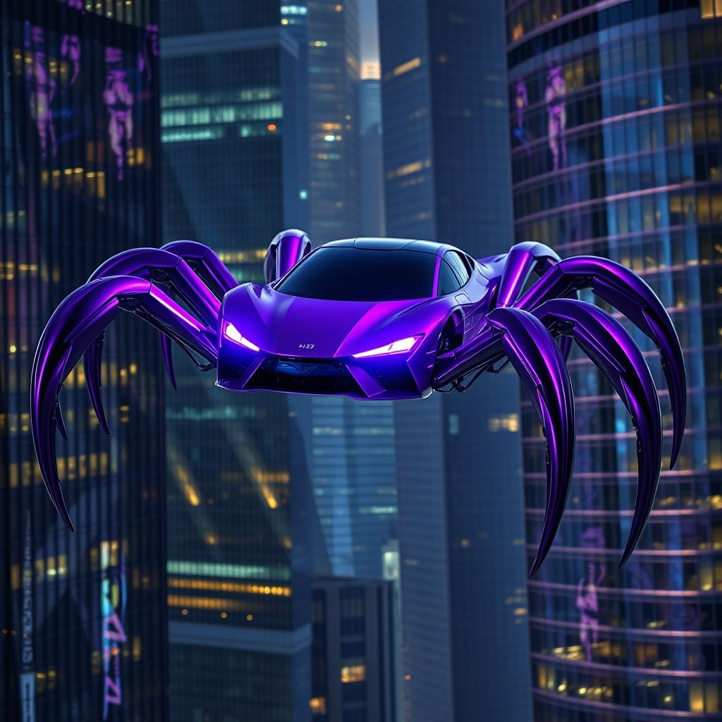 A sleek and modern car featuring spider-like legs, painted in vibrant purple hues, with glowing purple headlights