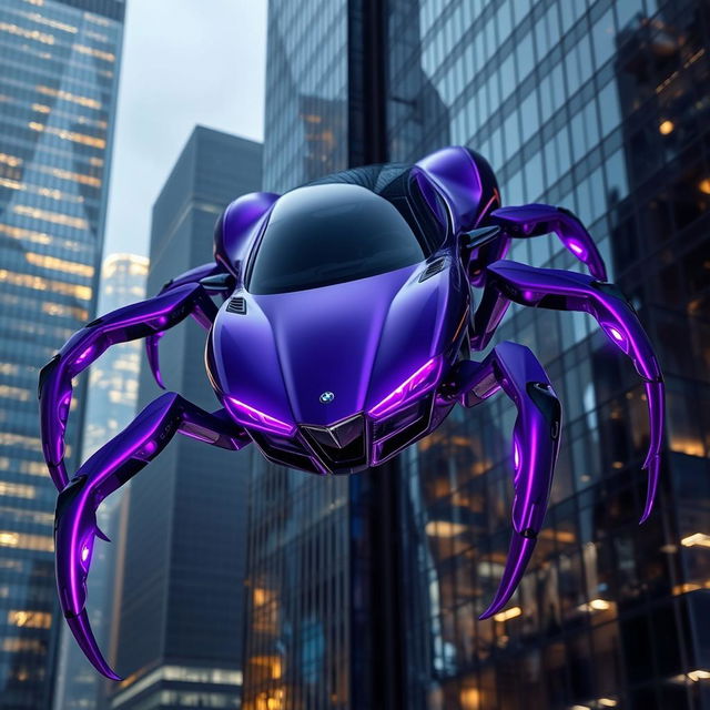 A sleek and modern car featuring spider-like legs, painted in vibrant purple hues, with glowing purple headlights