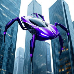A sleek and modern car featuring spider-like legs, painted in vibrant purple hues, with glowing purple headlights