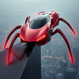 A sleek and modern car with spider-like legs, featuring striking red colors and glowing red headlights