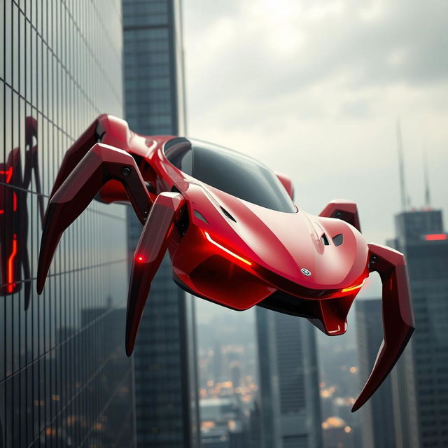 A sleek and modern car with spider-like legs, featuring striking red colors and glowing red headlights