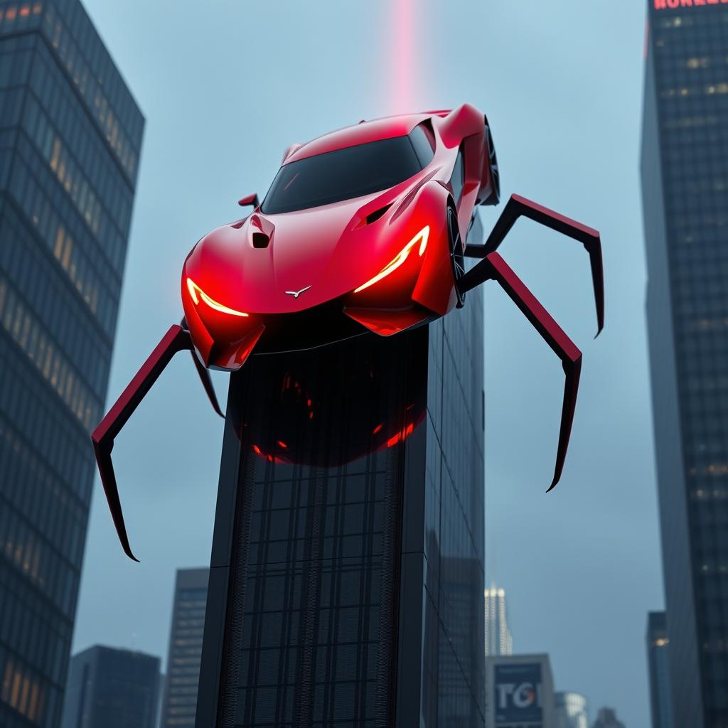 A sleek and modern car with spider-like legs, featuring striking red colors and glowing red headlights