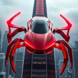 A sleek and modern car with spider-like legs, featuring striking red colors and glowing red headlights