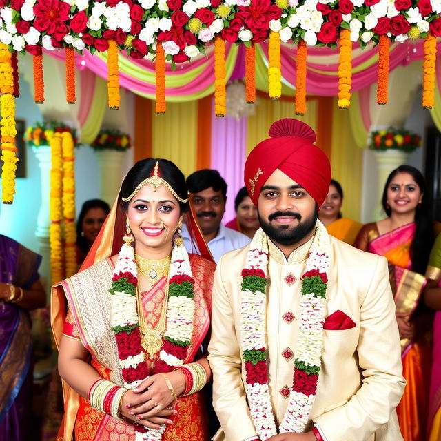 A vibrant and colorful Hindu wedding ceremony, showcasing the bride and groom in traditional attire