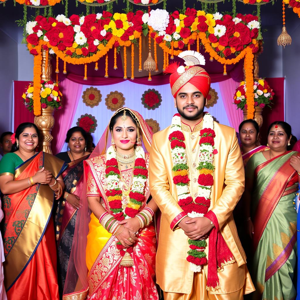 A vibrant and colorful Hindu wedding ceremony, showcasing the bride and groom in traditional attire