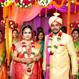 A vibrant and colorful Hindu wedding ceremony, showcasing the bride and groom in traditional attire